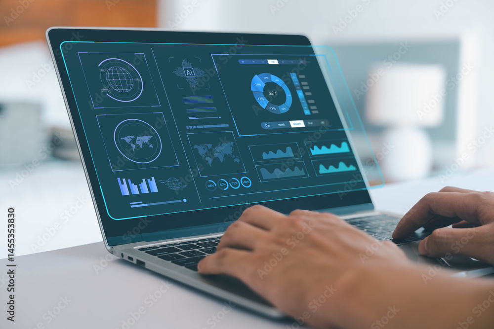Poster businessman analysis shows a digital dashboard chart of the financial database. concept of business 