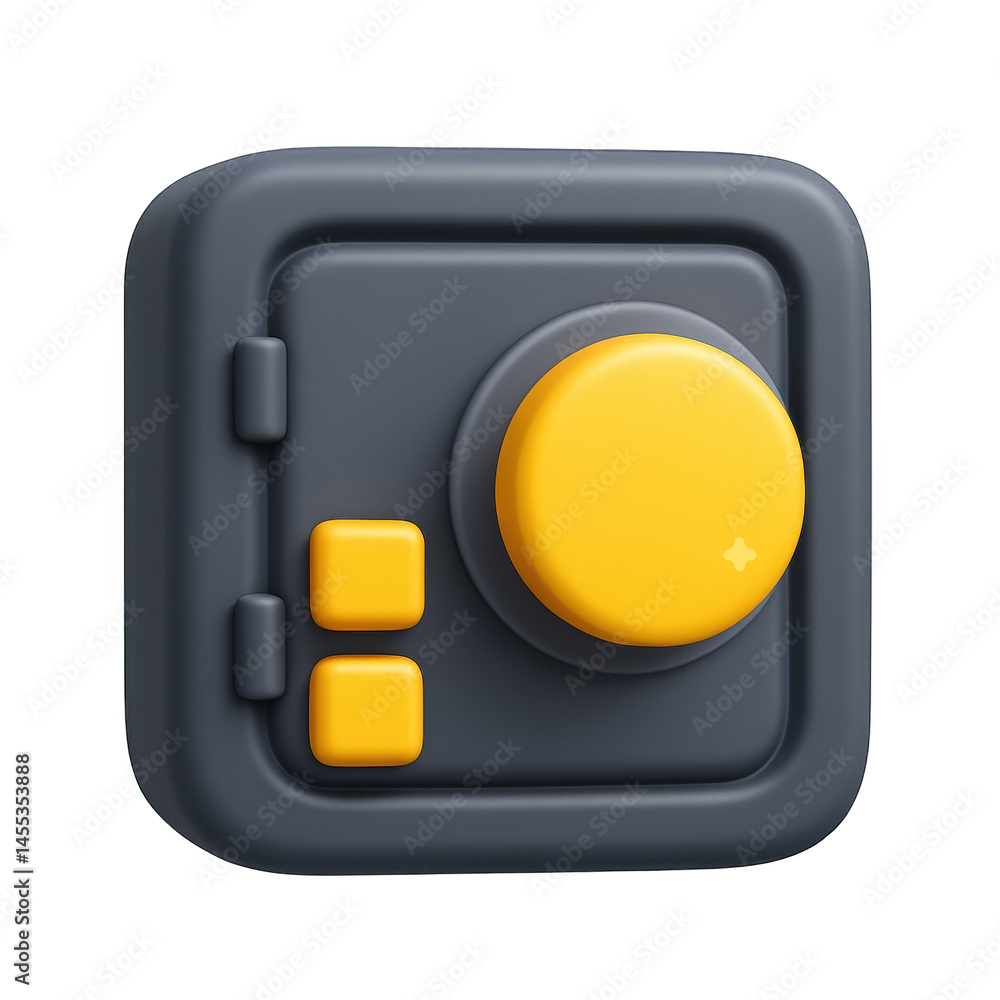 Poster secure gray safe with a vibrant yellow dial and buttons for access control, a symbol of protection.