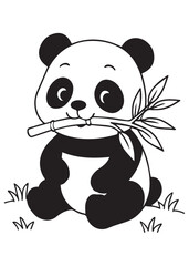 Coloring book panda sits and munches on a bamboo stalk. Adorable line art for coloring  education kid