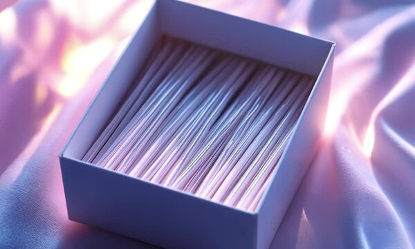An elegant box filled with delicate strings in soft, pastel lighting.