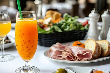 Refreshing passion fruit juice with a green straw sits amidst a vibrant food spread