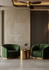 Design a luxurious hotel lounge area with green velvet sofas, elegant gold side tables, and a sophisticated, inviting atmosphere.