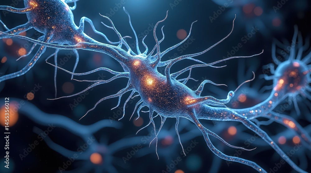 Poster Neural cells interconnected with glowing synapses, representing brain activity and communication in the nervous system.