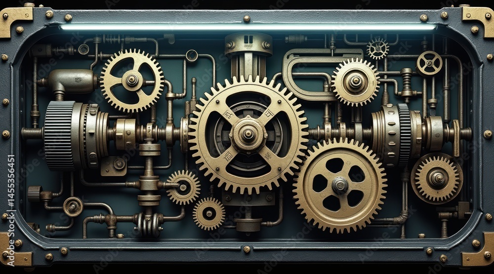 Aufkleber intricate metallic gears and cogs interlock inside a steampunk-style mechanical device, showcasing d