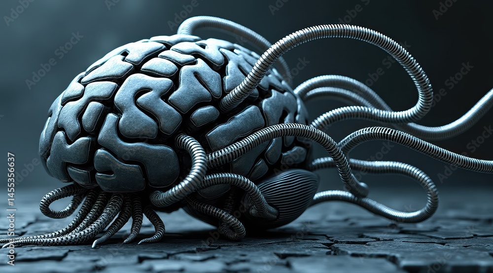 Poster a metallic brain with cables extending from it rests on a cracked surface, symbolizing artificial in