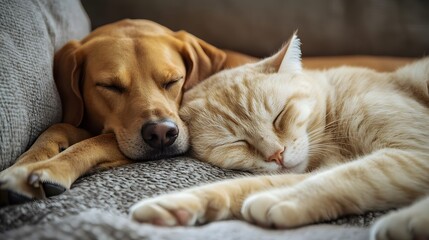 Cat and Dog Sleeping Together: A cozy scene of a cat and dog snuggled up and sleeping together on a comfortable couch.
