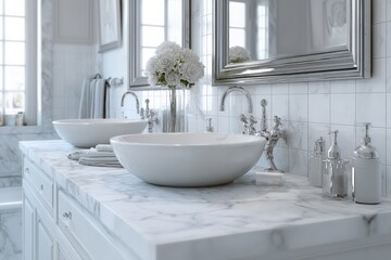Fototapeta premium Elegant bathroom with double sinks, marble countertops, and a touch of white flowers. Clean and modern design.