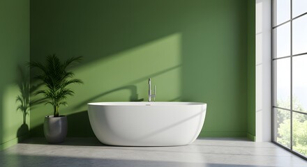 Fototapeta premium Modern Bathroom Interior with Green Walls, Bathtub, and Plant - Relaxation and Home Design.
