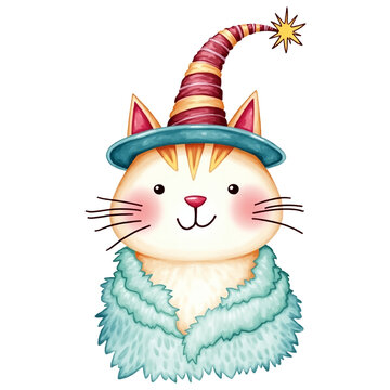 cute halloween cat illustration wearing cone hat