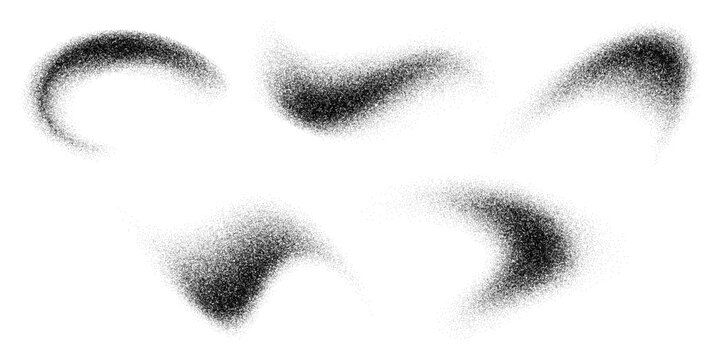 Noise grain wave spray. Sand, dust, powder clouds and splashes. Vector set of black particle dispersion brushes as dense grainy clusters scattered specks, abstract, textural, gritty and grungy pattern