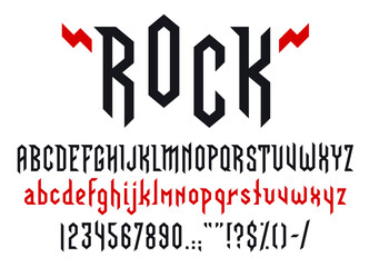 Heavy metal rock music font, musical type letters, punk typeface alphabet. Hard rock music band tattoo font vector typography set of grunge black red letters and numbers. Sharp gothic type abc signs