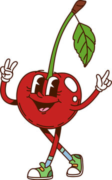 Naklejki Groovy hippie cherry berry character happily posing with peace gesture. Isolated cartoon vector cool red berry with stem and leaf, retro personage wearing sneakers and exuding laid back funky y2k vibe