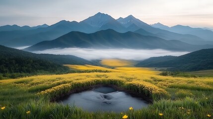Obraz premium Misty mountain valley with a serene pond in a field of wildflowers