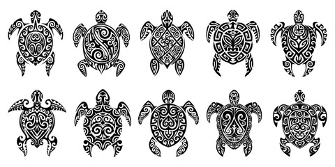Tribal sea turtle animal Maori tattoo. Isolated vector set of black tortoise reptile sacral animal symbolic with ornate and tribal art motifs. Aboriginal Mayan or Aztec totem signs represent longevity