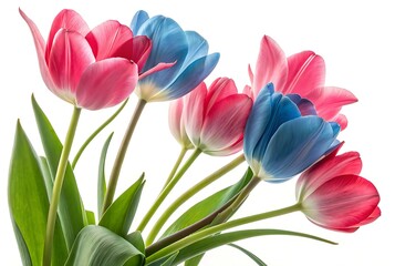 Naklejka premium Vibrant Bouquet of Pink and Blue Tulips on White Background, Symbolizing Spring, Beauty, and Elegance