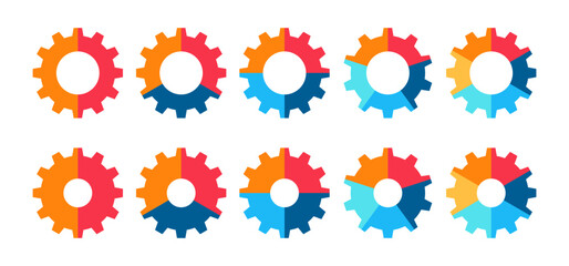 Cogwheel segmentation. Colorful diagram infographic of cogwheel set. Segmented of 2, 3, 4, 5, and 6 parts. 