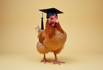 chicken wearing graduation hat, studio shot