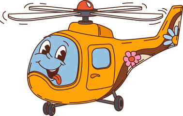 Retro cartoon groovy helicopter kids toy character with cheerful friendly face, spinning rotor blades and hippie floral pattern. Playful aircraft y2k retro personage for children transportation games