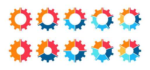 Cogwheel segmentation. Colorful diagram infographic of cogwheel set. Segmented of 2, 3, 4, 5, and 6 parts. 