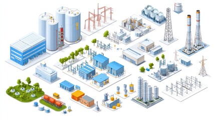 Isometric Industrial Complex: A Collection of Factory Buildings, Power Plants, and Infrastructure