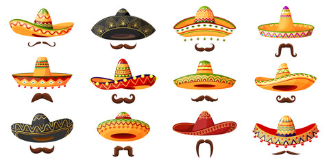 Mexican cowboy sombrero hats with moustaches. Isolated cartoon vector set of traditional charro caps paired with mustaches, symbolizes Latin culture, festive spirit and traditions of Mexico country