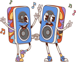 Cartoon groovy computer speakers characters. Two vector speakers with funky faces and musical notes around, conveying fun and playful vibe while enjoying music, showcasing technology and entertainment
