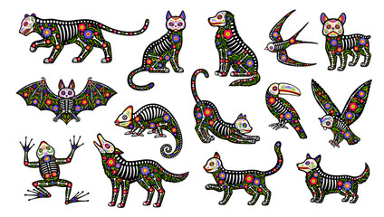 Animal skeleton tattoo of Mexican day of the dead sugar skull cat, owl, bat, frog and wolf. Dog, chameleon, bird, toucan and parrot. Vector Dia de los muertos creatures with floral patterns and bones