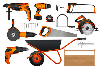 Construction diy tools set. Realistic 3d vector woodworking drill, saw, wheelbarrow and measuring instruments in orange and black. Essential equipment for carpentry, home improvement and diy projects
