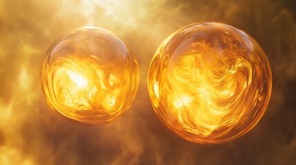 Two golden orbs float amid a swirling amber cosmos filled with energy
