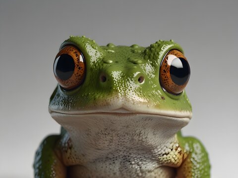 Close up of a green frog with big brown eyes looking forward against a neutral background. Animal portrait with amphibian skin texture.