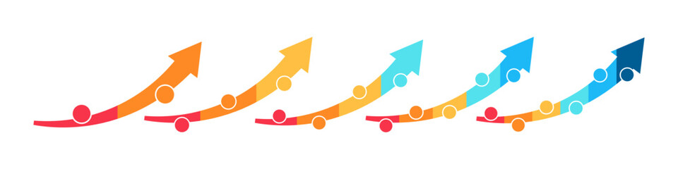 Growth arrow chart segmentation. Colorful diagram infographic of growth arrow set. Conceptual of progress. Segmented of 2, 3, 4, 5, and 6 parts. 
