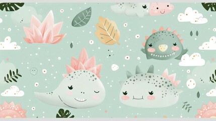 Cute Cartoon Dinosaurs with Plants and Clouds on Pastel Background