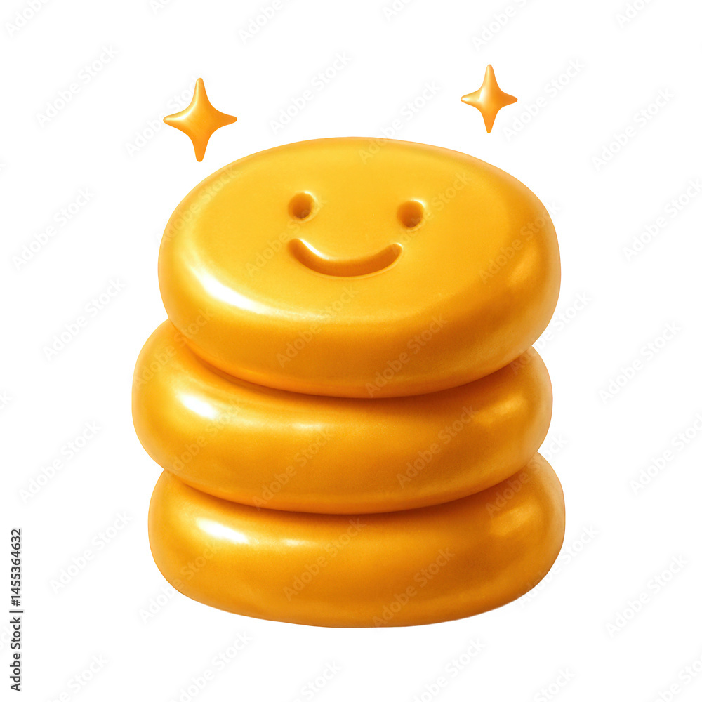 Poster a cheerful stack of three glossy golden objects featuring a happy face and sparkling star accents.