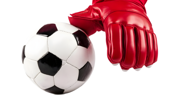 Soccer Ball and Red Goalkeeper Glove Isolated on a Transparent Background