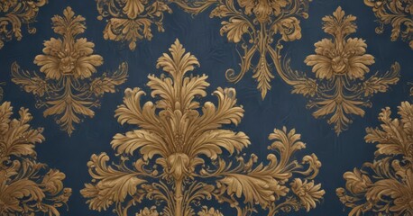 Elegant blue and gold damask with refined floral details,  classic,  vector,  repeat