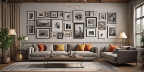 Fototapeta premium Chic living room, eclectic gallery wall, artful framing, art, interior styling, wall art