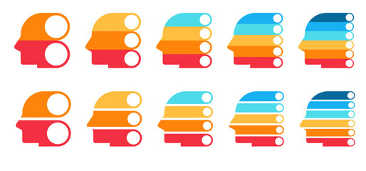Head chart segmentation. Colorful diagram infographic of head set. Conceptual of thinking creative idea. Segmented of 2, 3, 4, 5, and 6 parts. 