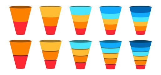 Funnel segmentation. Colorful diagram infographic of funnel set. Segmented of 2, 3, 4, 5, and 6 parts. 