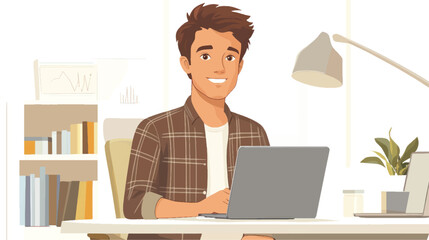 vector cartoon businesswoman working on laptop