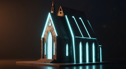 A futuristic 3D miniature church with glowing lights and geometric architecture