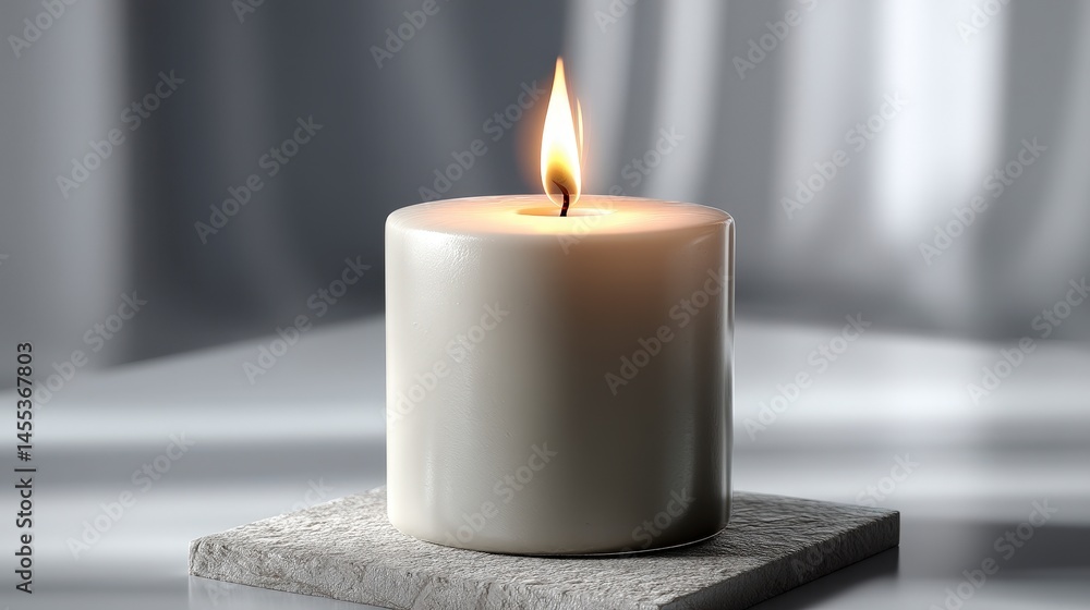 Poster a lit candle on a textured surface, casting soft light in a serene setting.