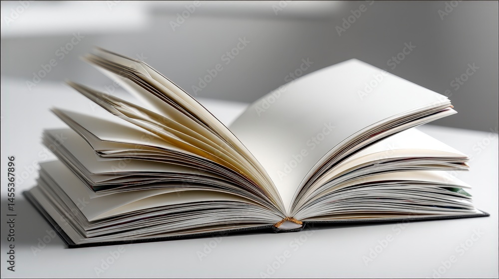Poster open book with blank pages resting on a surface, inviting creativity and imagination.