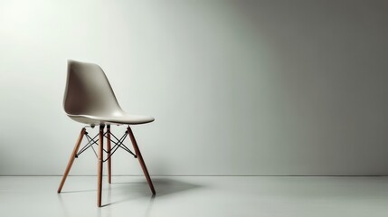 Minimalist chair design against a soft-colored wall in a modern setting.