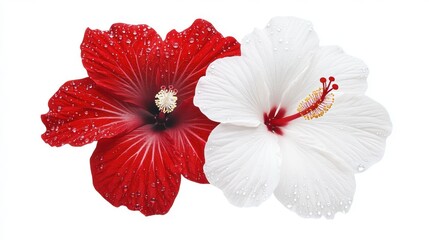 Stunning Duo: Red and White Hibiscus Flowers with Dew Drops