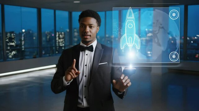 Businessman Launching Rocket &ndash; Startup Growth, Investment and Vision