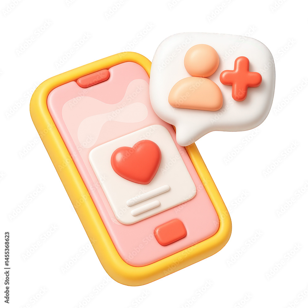 Poster a charming 3d rendered phone featuring a heart like and a new follower notification bubble.