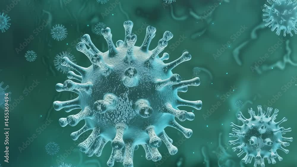 Aufkleber microscopic view of coronavirus particles in green fluid. 3d rendering of covid-19 virus structure. 