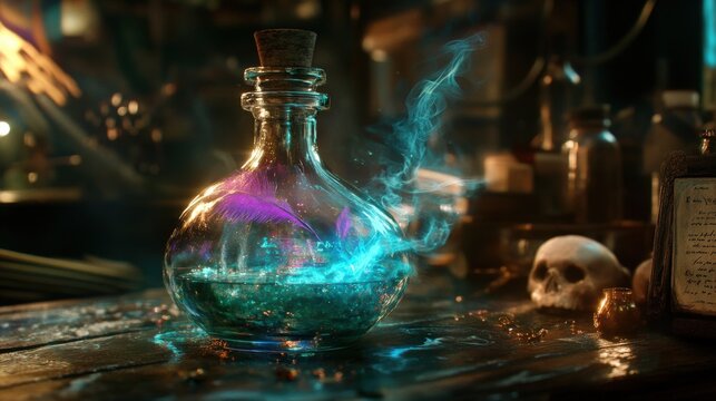 Mysterious glass bottle with glowing elixir in a dimly lit laboratory.