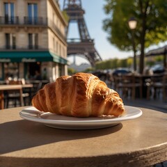 A delicious chocolate-filled croissant on a small round outdoor café table, delicious chocolate, chocolate 