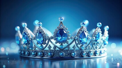 Regal crown adorned with sparkling precious blue diamonds against a serene light blue backdrop, exuding elegance and sophistication , blue gemstones, precious blue diamonds